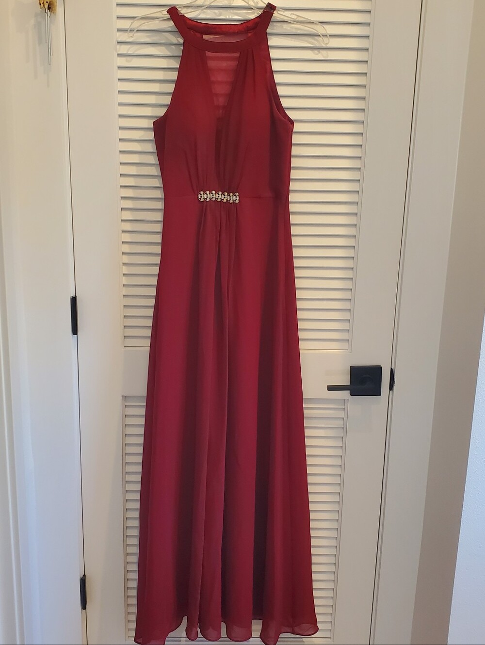 Ever Pretty Crimson Halter Maxi Dress with Rhinestone Waist